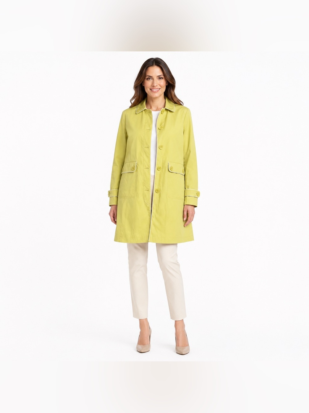 Weatherproof Women’s M Chartreuse Cotton Blend Trench Coat White Piping